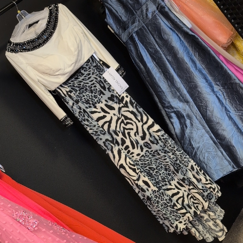 Rachel Allan Black and Light Blue Beaded Waist Long Sleeve Dress